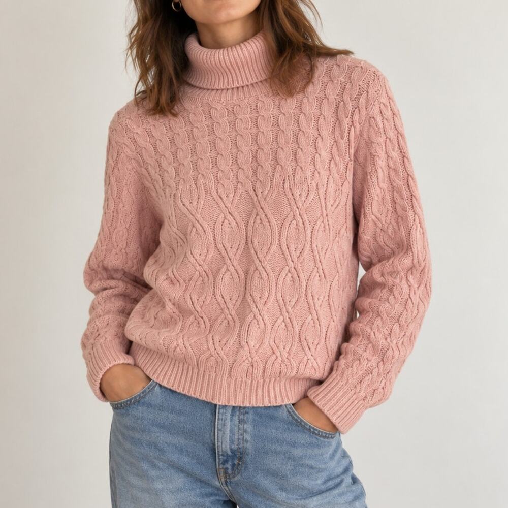 Vintage Wainscott Pink Cable Knit Turtleneck Sweater Large 100% Cotton Fisherman